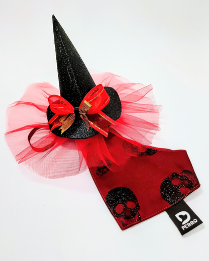 Gorro de Bruja negro con tul rojo para perritas