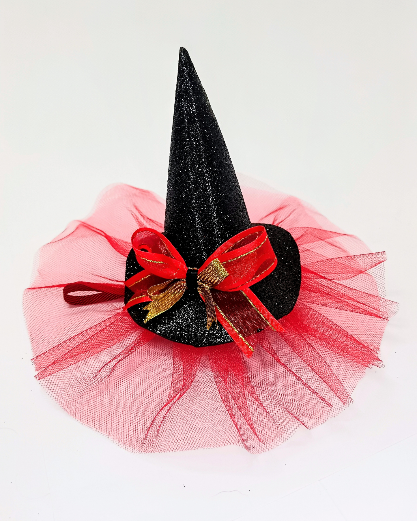 Gorro de Bruja negro con tul rojo para perritas