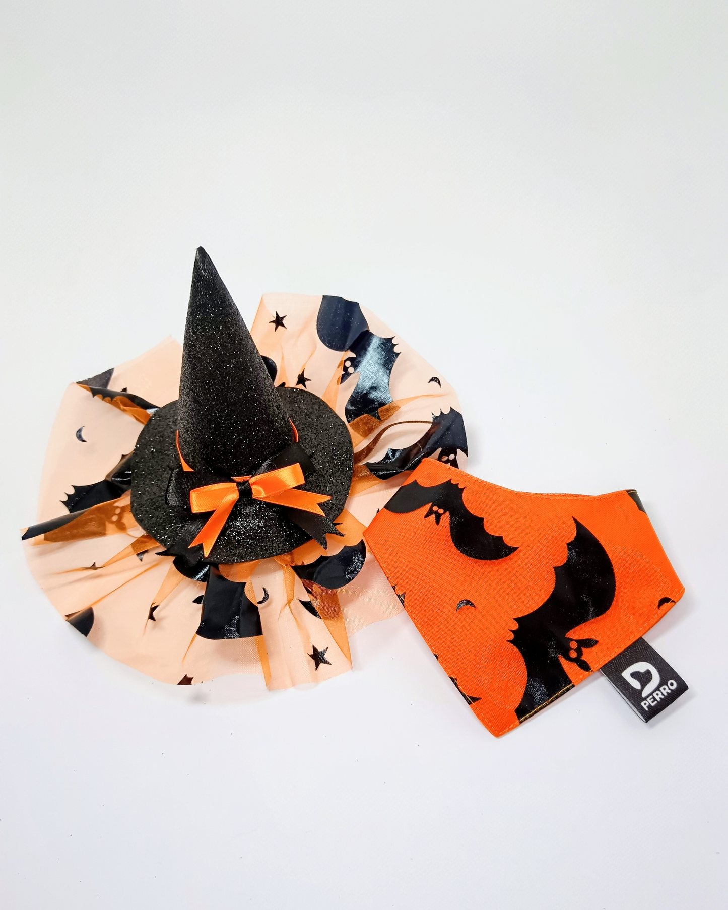 Gorro de bruja negro con naranjo para perritas